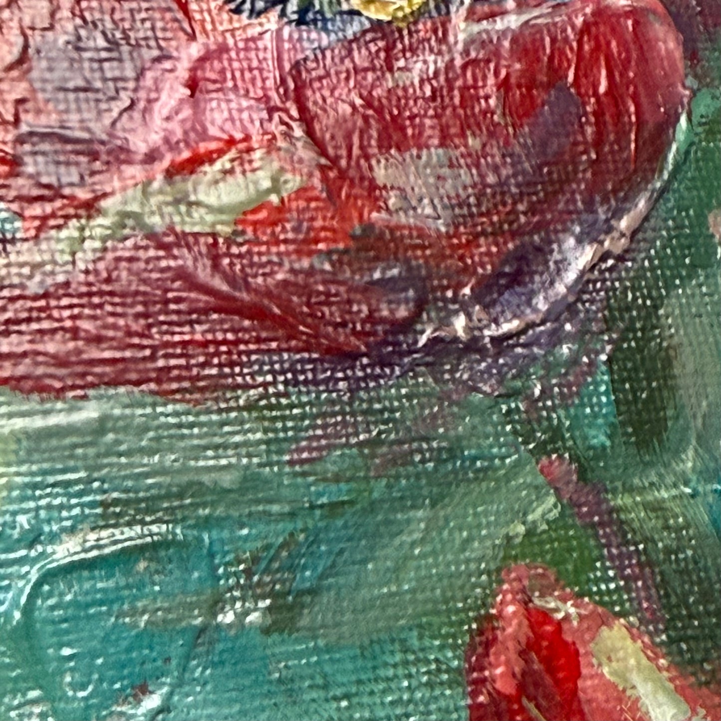 Crimson eustoma blooms. Wall art, optimistic original textured flowers painting on canvas, red, green
