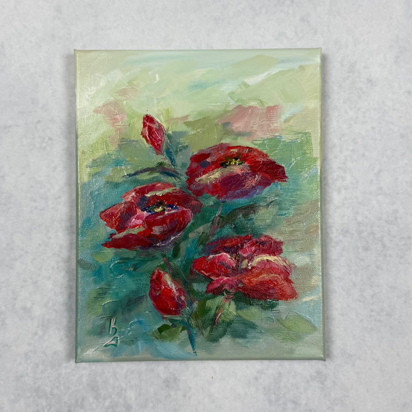 Crimson eustoma blooms. Wall art, optimistic original textured flowers painting on canvas, red, green