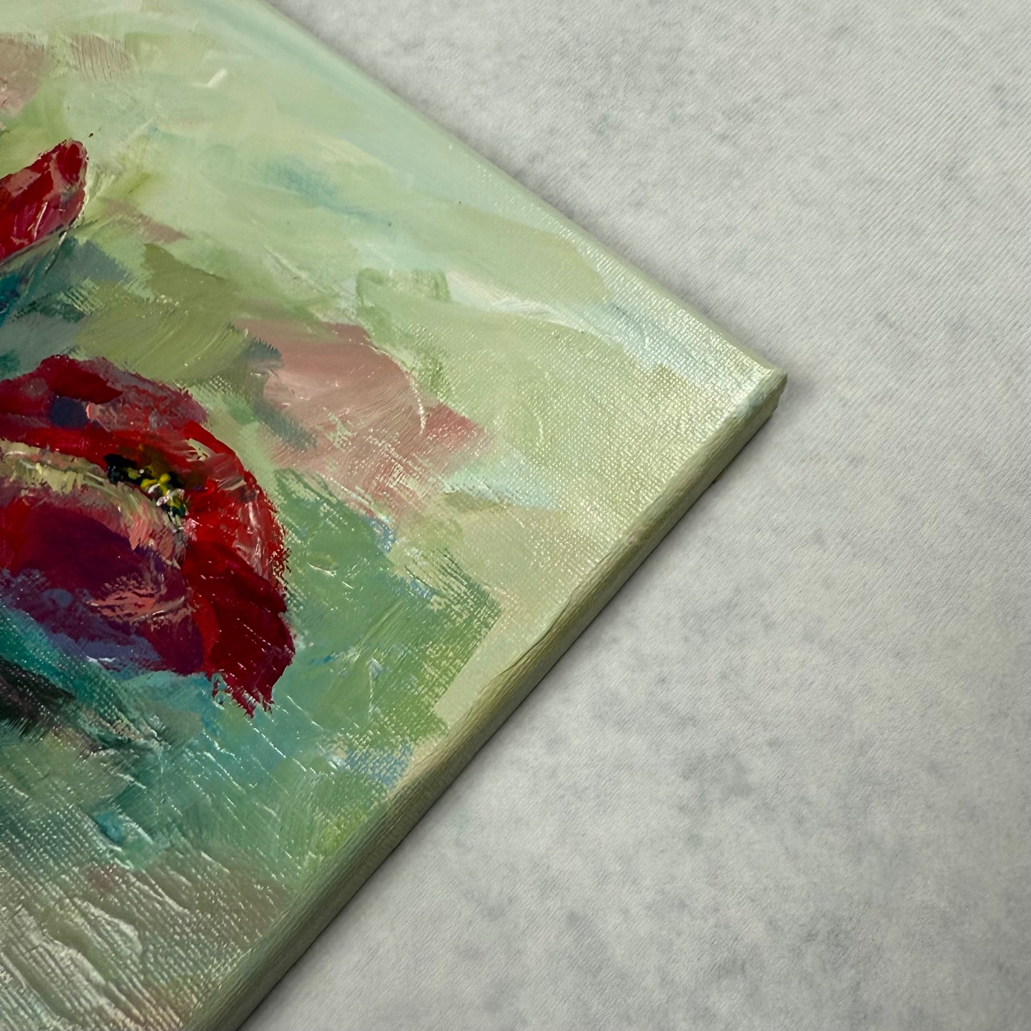 Crimson eustoma blooms. Wall art, optimistic original textured flowers painting on canvas, red, green