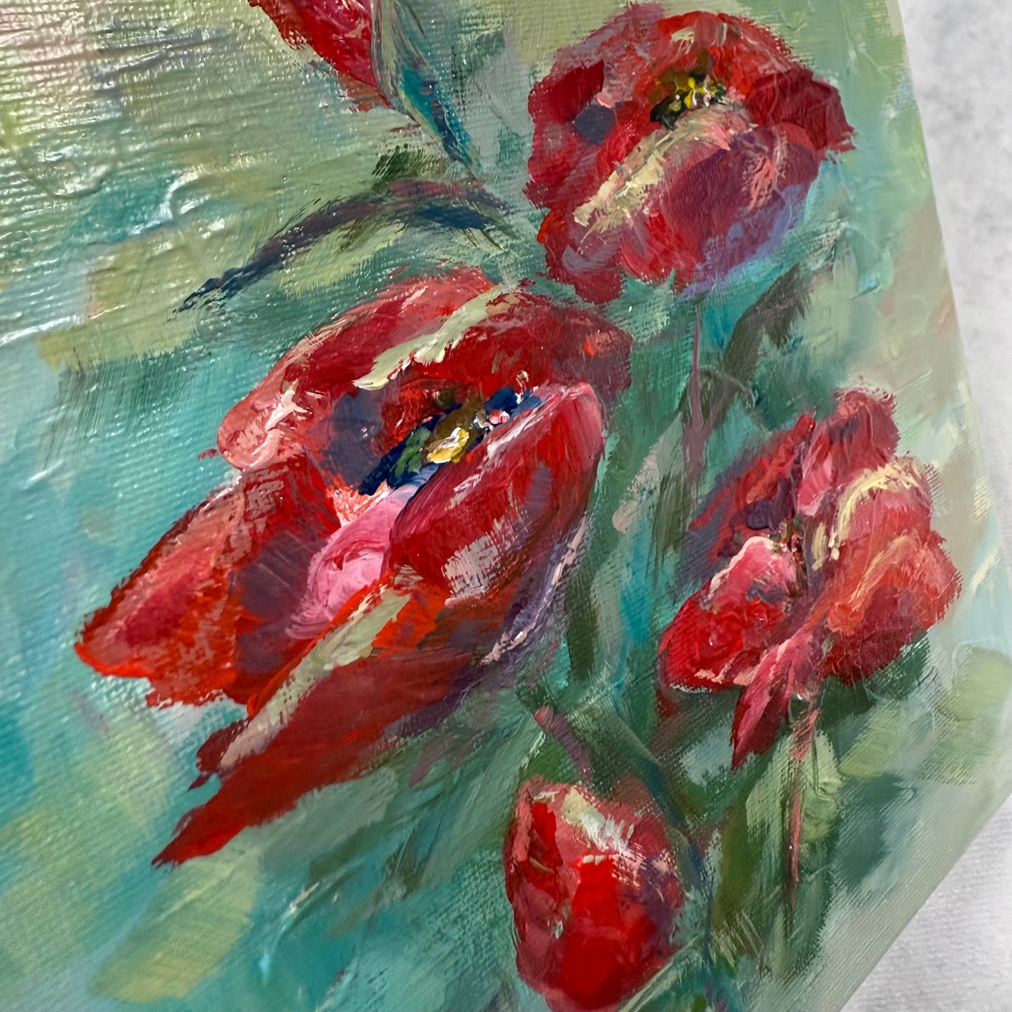Crimson eustoma blooms. Wall art, optimistic original textured flowers painting on canvas, red, green