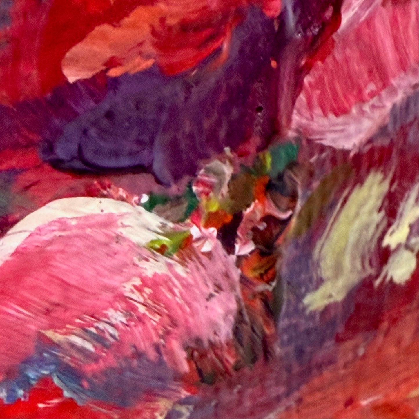 Crimson eustoma blooms. Wall art, optimistic original textured flowers painting on canvas, red, green