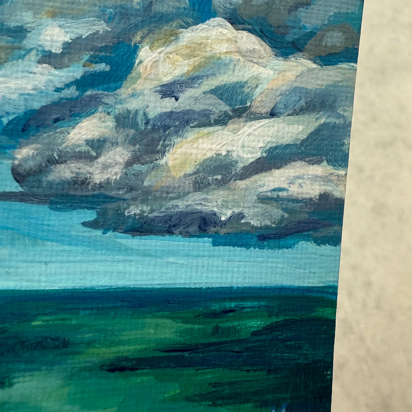 Clouds shadow. Teal. 1 Original miniature signed painting, ACEO acrylic, blue, green , collectible