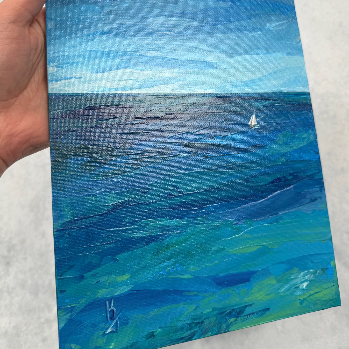 Deep water. Sailboat... Art, wall decor, optimistic original signed abstract seascape ocean sailboat painting on canvas