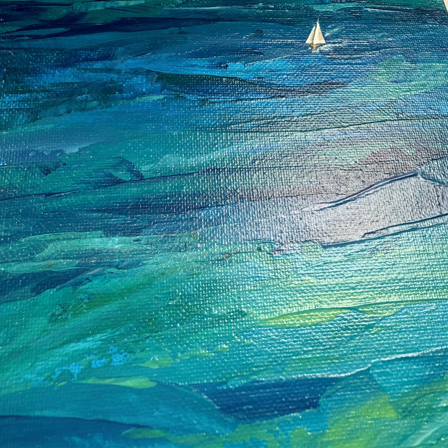 Deep water. Sailboat... Art, wall decor, optimistic original signed abstract seascape ocean sailboat painting on canvas