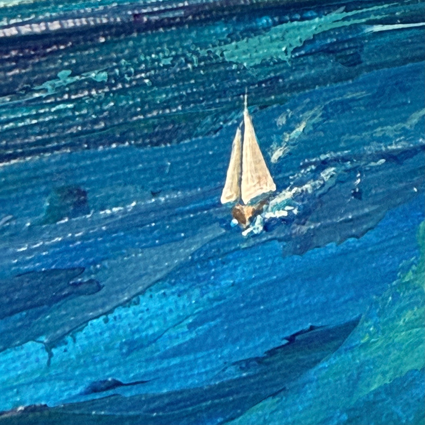 Deep water. Sailboat... Art, wall decor, optimistic original signed abstract seascape ocean sailboat painting on canvas