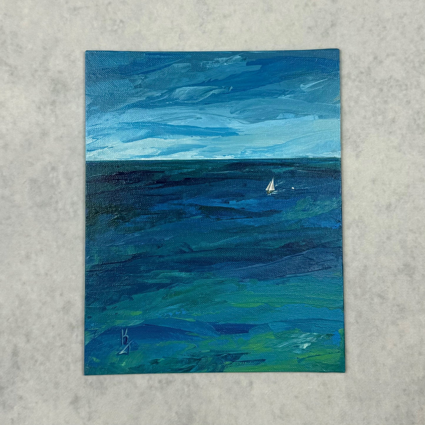 Deep water. Sailboat... Art, wall decor, optimistic original signed abstract seascape ocean sailboat painting on canvas