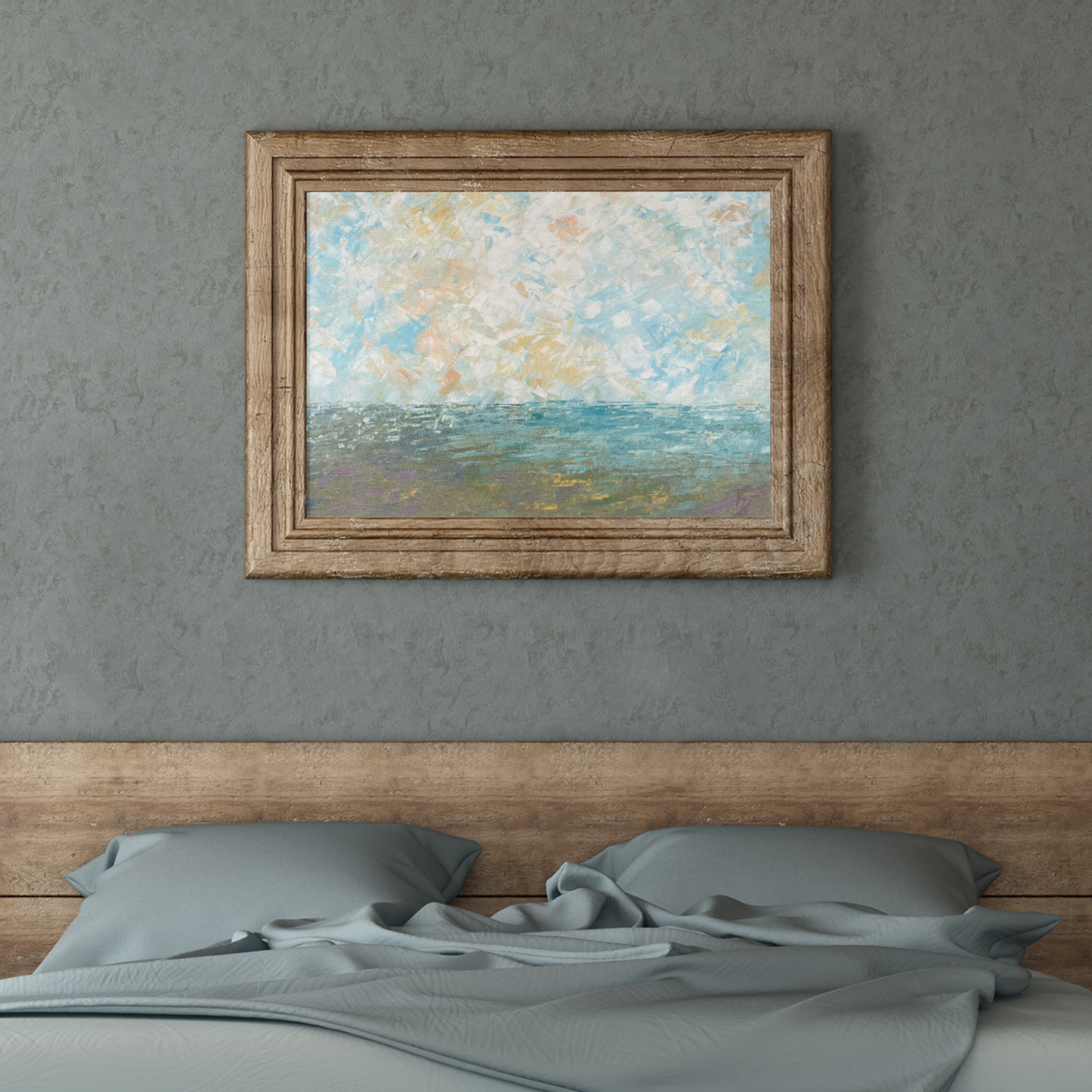 Misty morning... Art, decor, optimistic original signed large wetland sky landscape painting on canvas