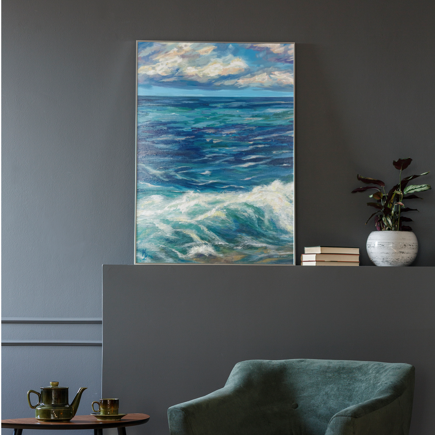 Turquoise Waves. Art, wall decor, optimistic original large textured waves ocean clouds blue green signed painting on canvas