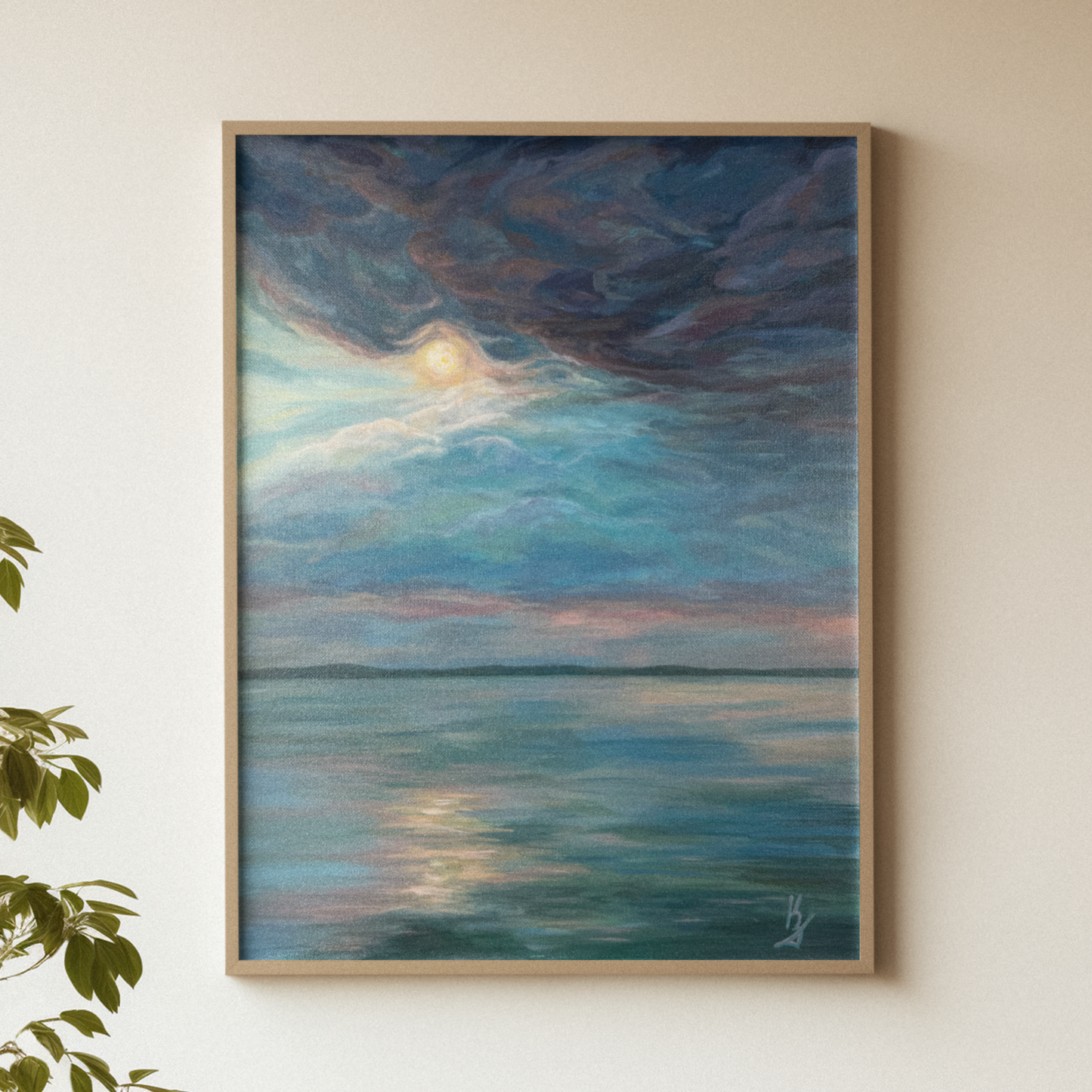 Serenity unshaken. Optimistic original seascape painting on canvas, lake, storm, blue