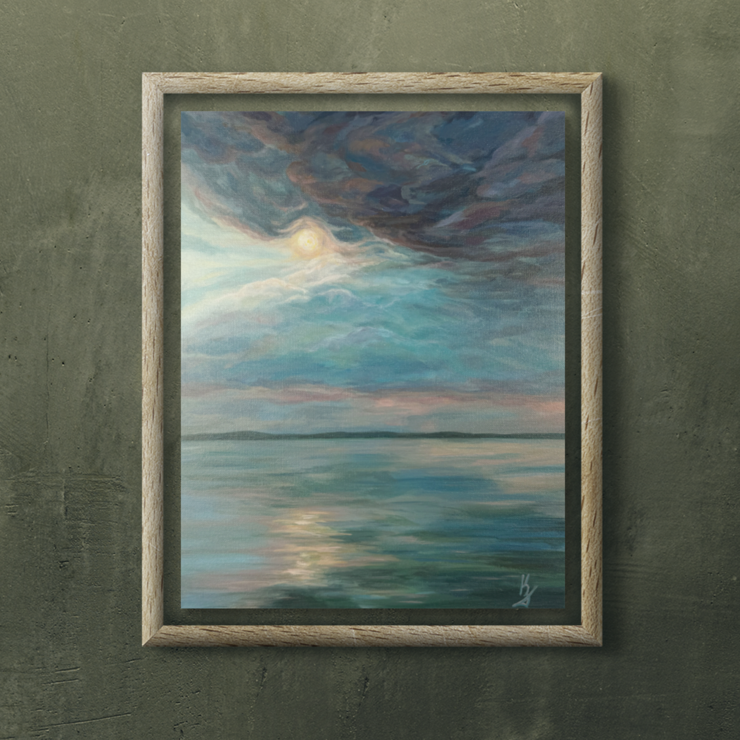 Serenity unshaken. Optimistic original seascape painting on canvas, lake, storm, blue