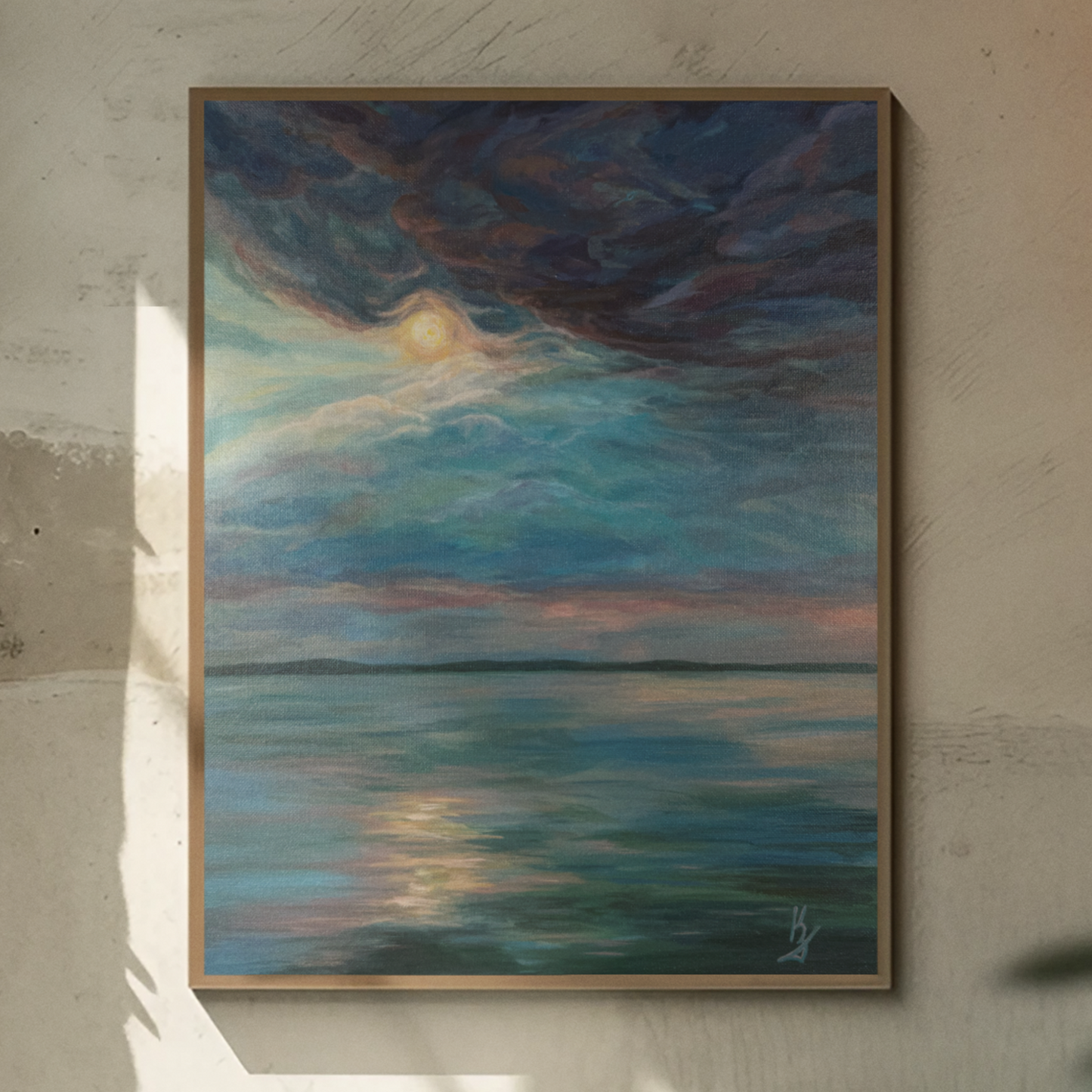 Serenity unshaken. Optimistic original seascape painting on canvas, lake, storm, blue