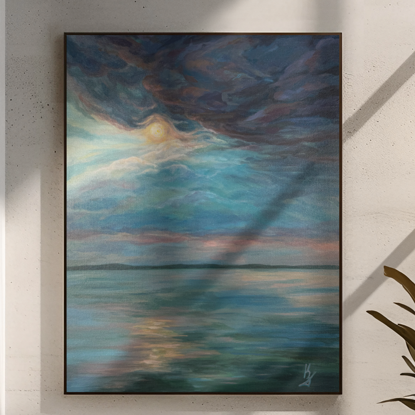 Serenity unshaken. Optimistic original seascape painting on canvas, lake, storm, blue