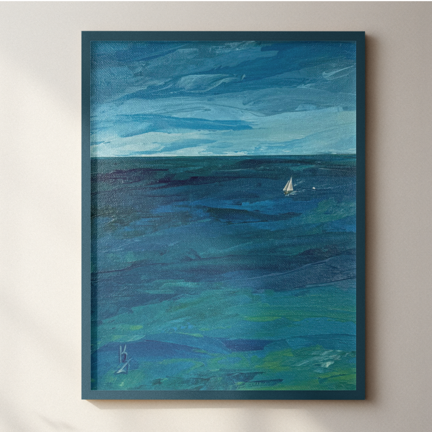 Deep water. Sailboat... Art, wall decor, optimistic original signed abstract seascape ocean sailboat painting on canvas