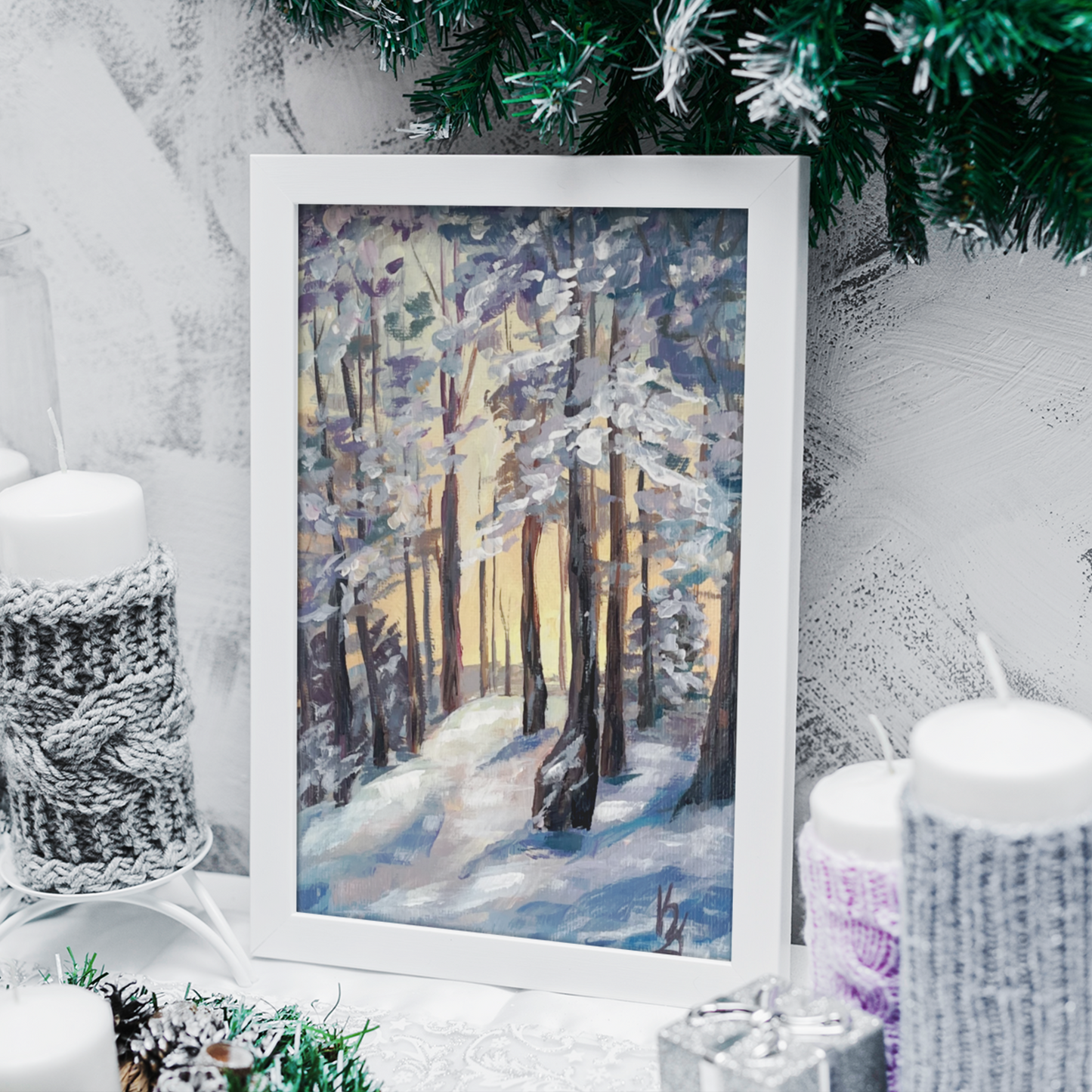 Winter sunset. Hill... Art, original small painting on canvas