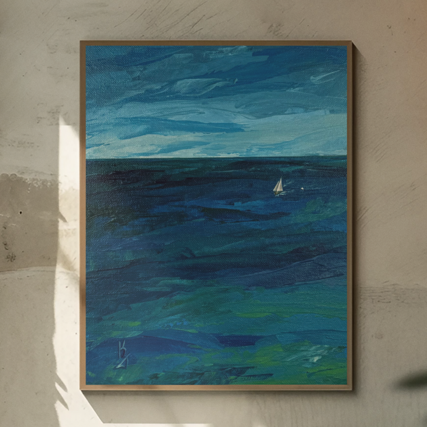 Deep water. Sailboat... Art, wall decor, optimistic original signed abstract seascape ocean sailboat painting on canvas