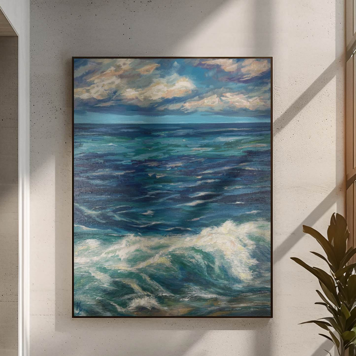 Turquoise Waves. Art, wall decor, optimistic original large textured waves ocean clouds blue green signed painting on canvas