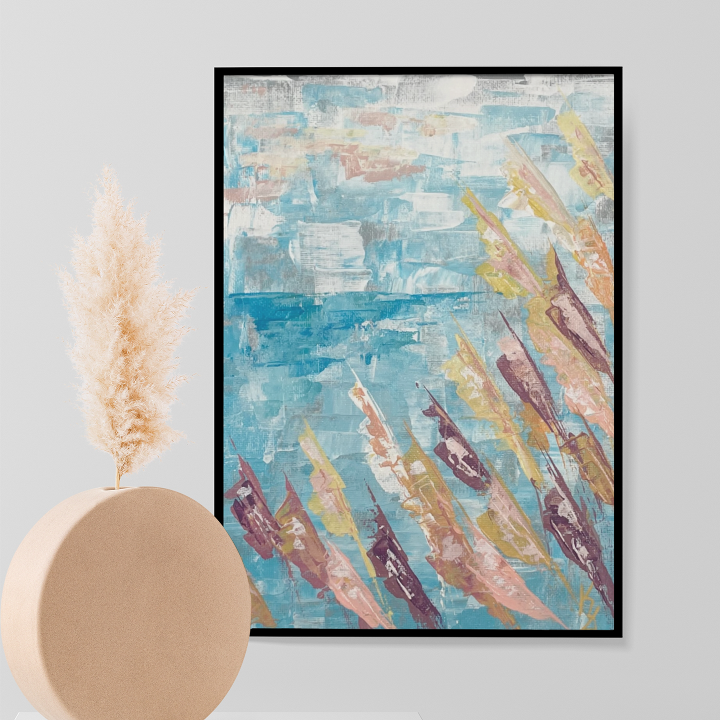 Sunny lake. Grasses... Art, optimistic original lake painting on canvas