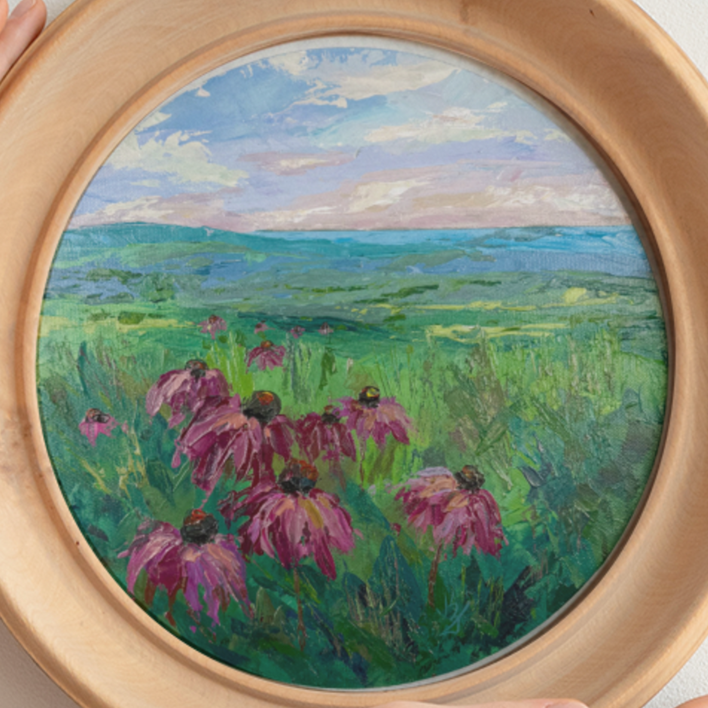 Stillness in Bloom. Coneflowers. Purple. Art, wall decor, optimistic original signed circle, round landscape painting on canvas, echinacea, grass, prairie