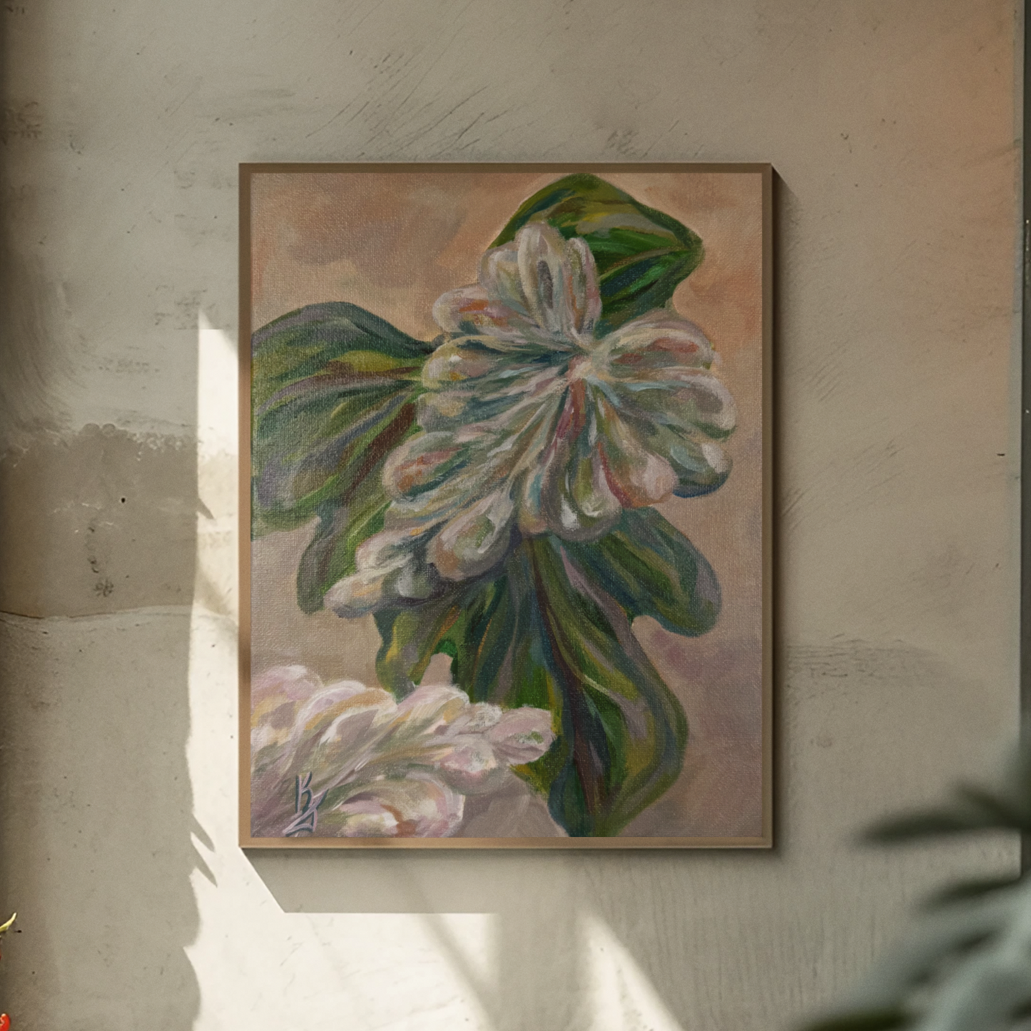 Blushing leaves. Art, wall decor, optimistic original signed abstract tropical leaves painting on canvas