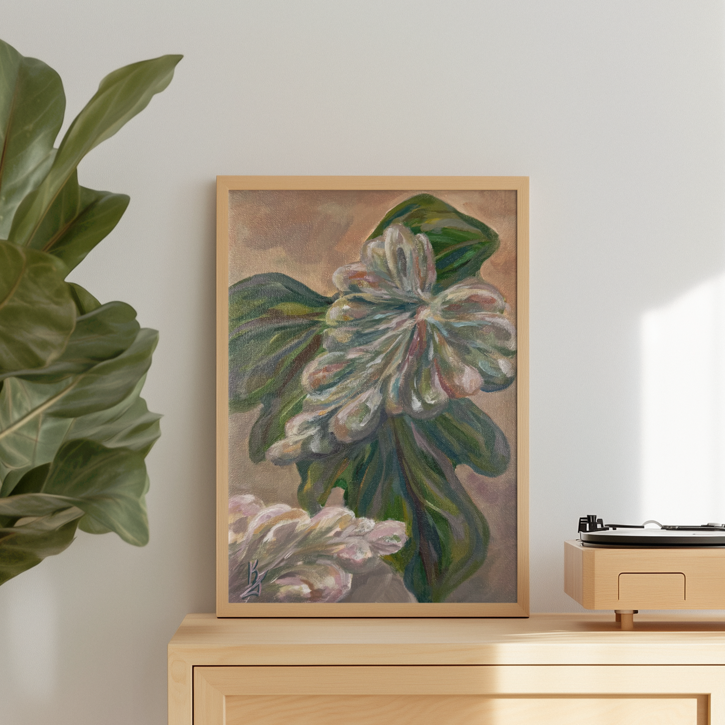 Blushing leaves. Art, wall decor, optimistic original signed abstract tropical leaves painting on canvas