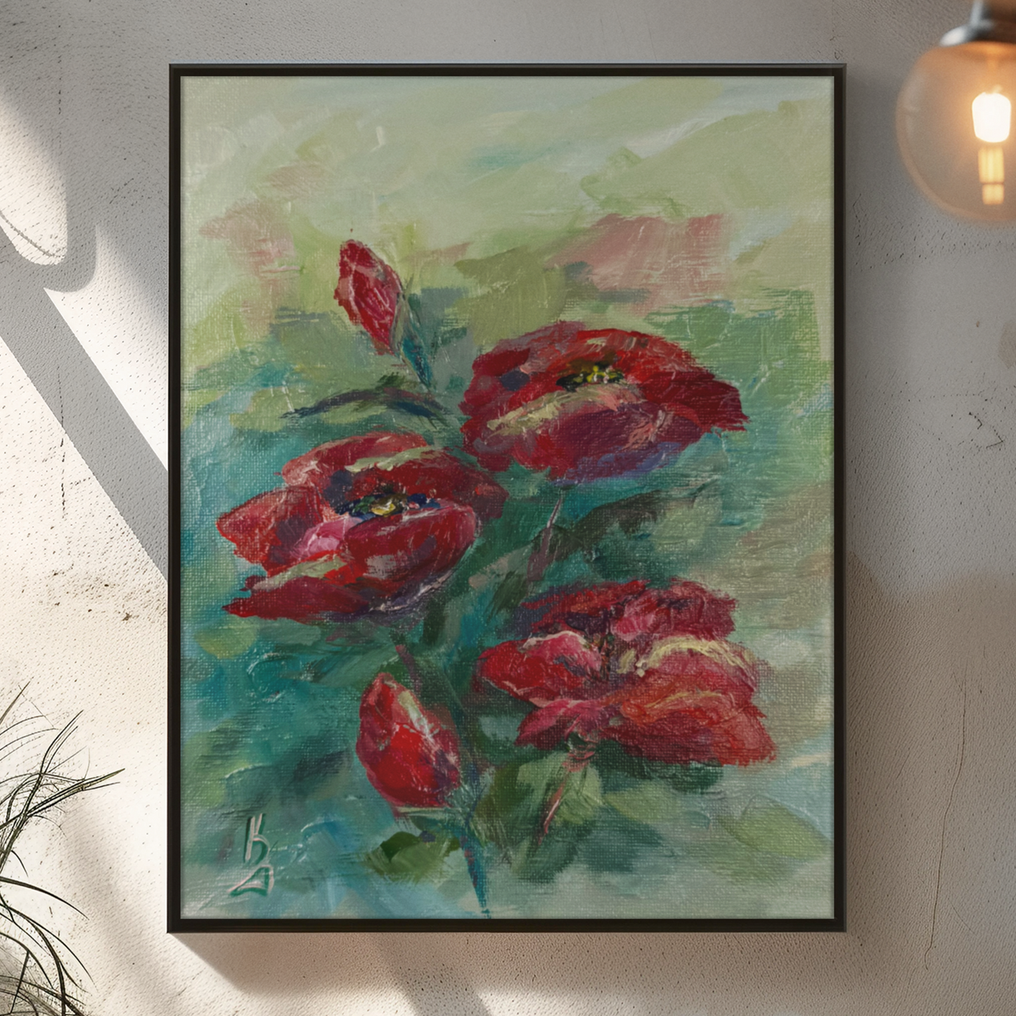 Crimson eustoma blooms. Wall art, optimistic original textured flowers painting on canvas, red, green