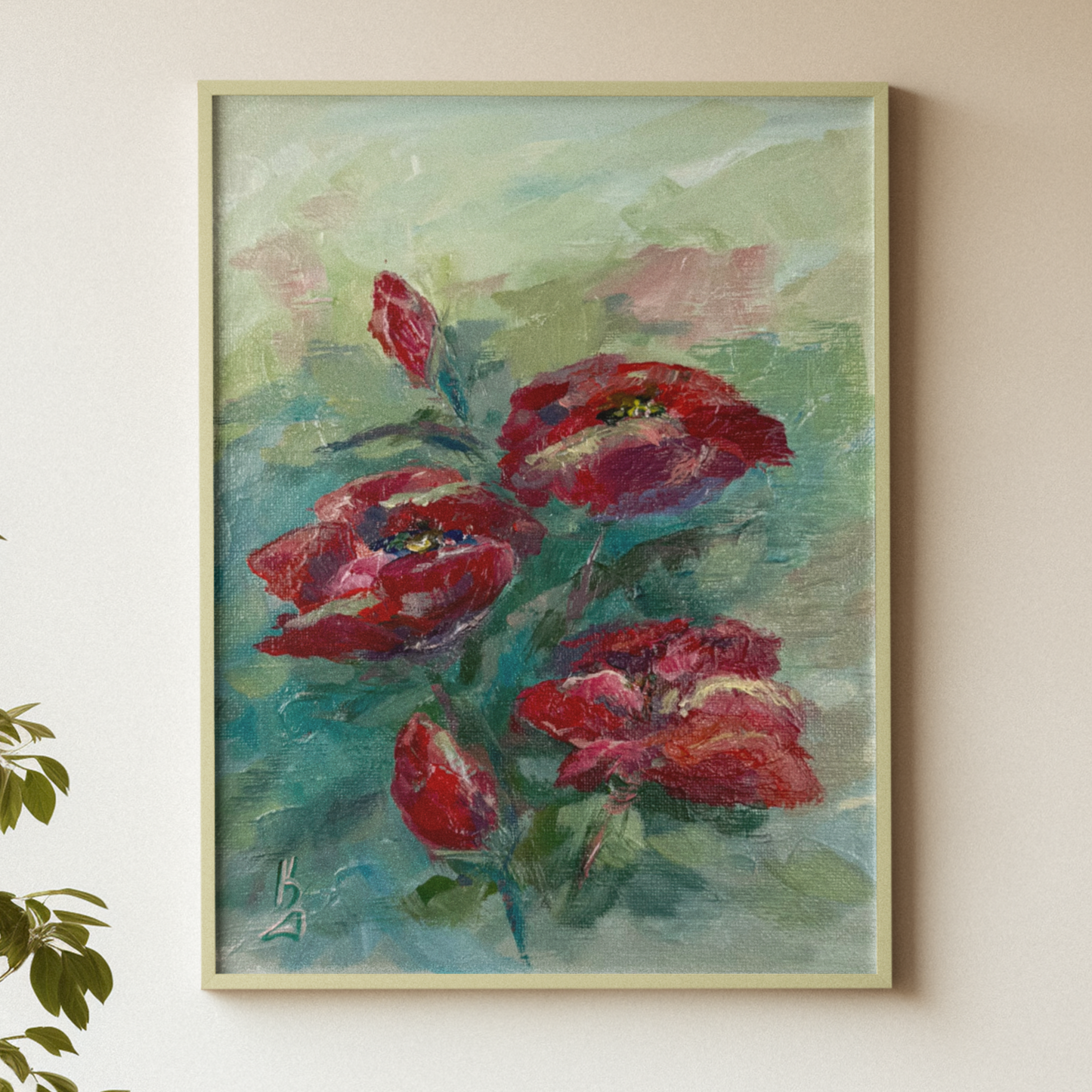 Crimson eustoma blooms. Wall art, optimistic original textured flowers painting on canvas, red, green