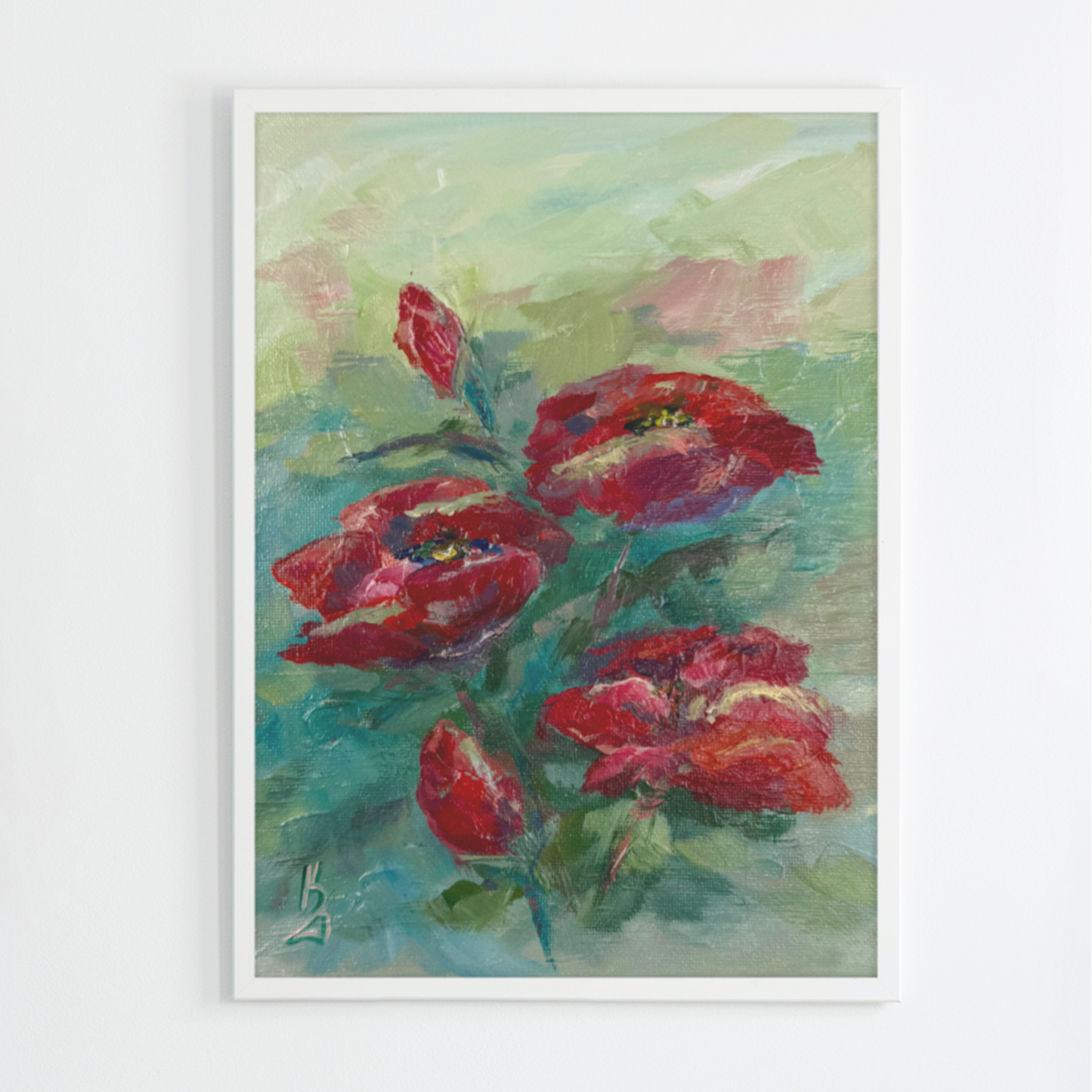 Crimson eustoma blooms. Wall art, optimistic original textured flowers painting on canvas, red, green
