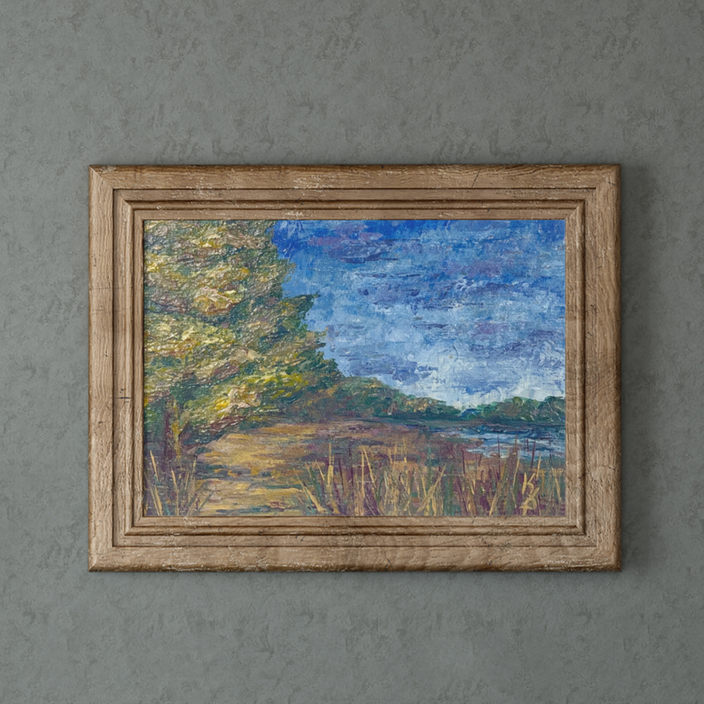 Lost lake... Art, decor, optimistic original signed landscape painting on canvas