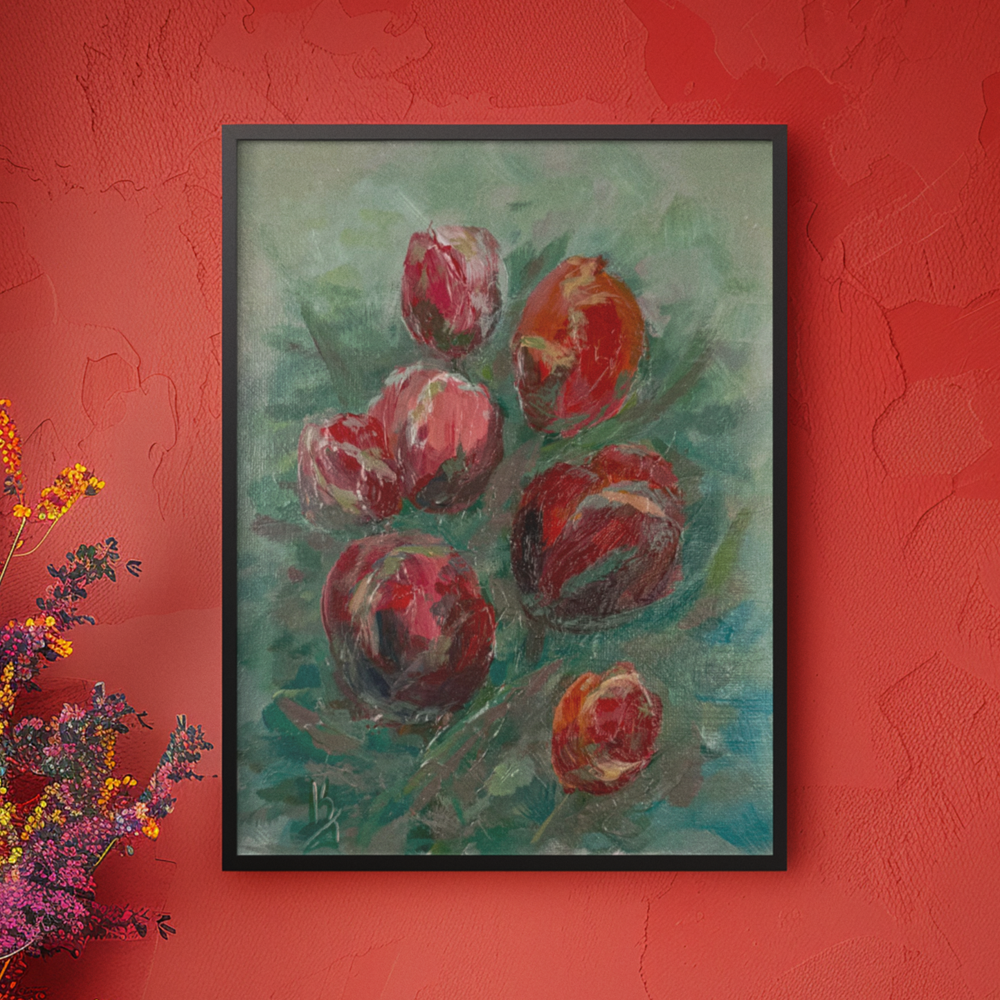 Tulips in red shades. Wall art, optimistic original textured flowers painting on canvas, red, green
