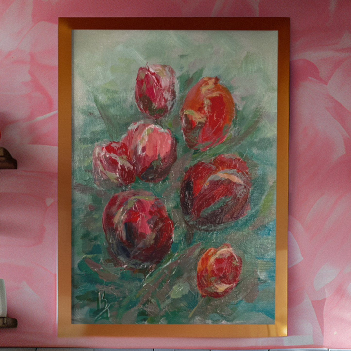 Tulips in red shades. Wall art, optimistic original textured flowers painting on canvas, red, green