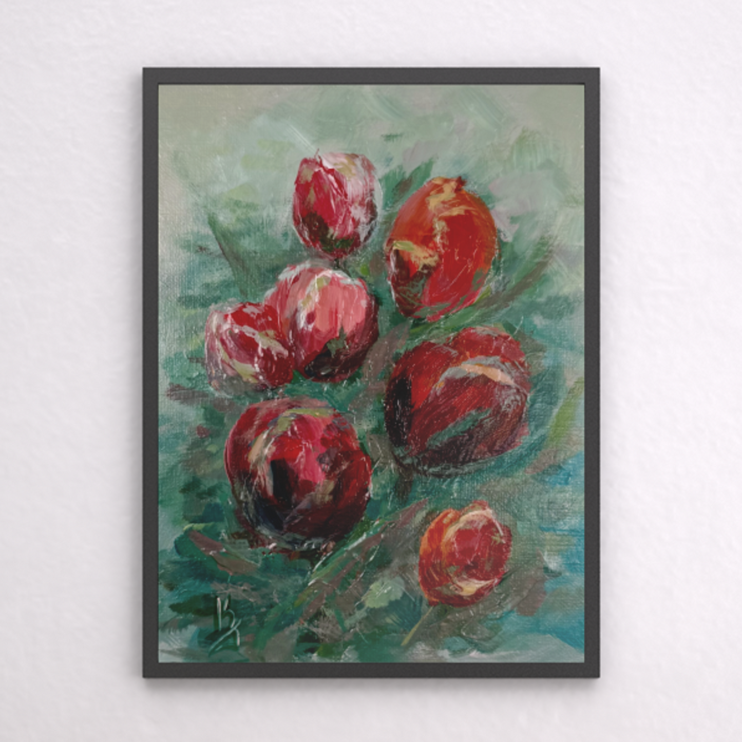 Tulips in red shades. Wall art, optimistic original textured flowers painting on canvas, red, green