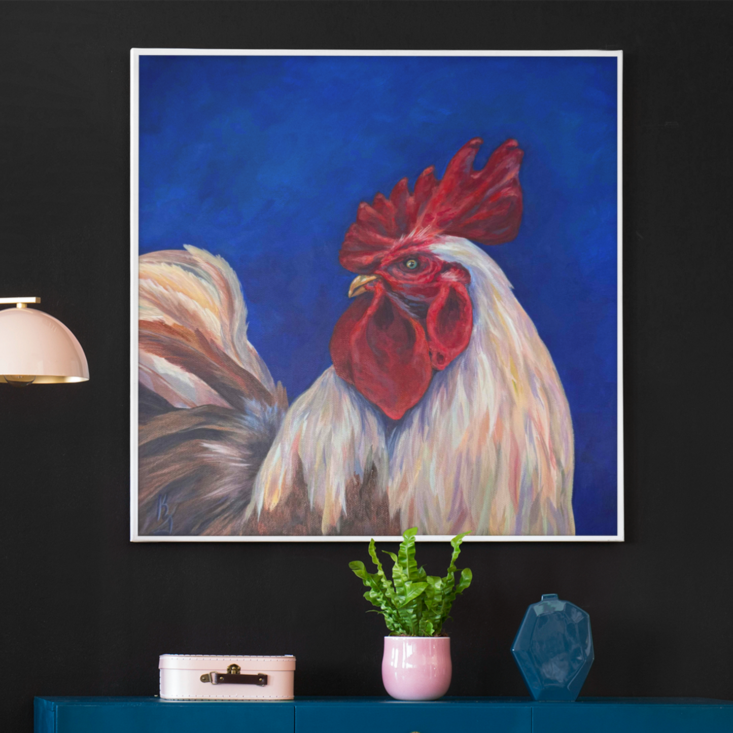 Rooster. Bright blue. Print