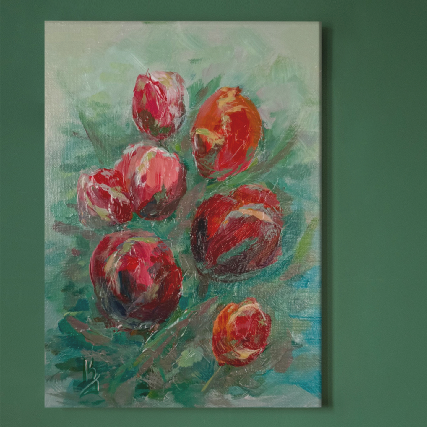 Tulips in red shades. Wall art, optimistic original textured flowers painting on canvas, red, green