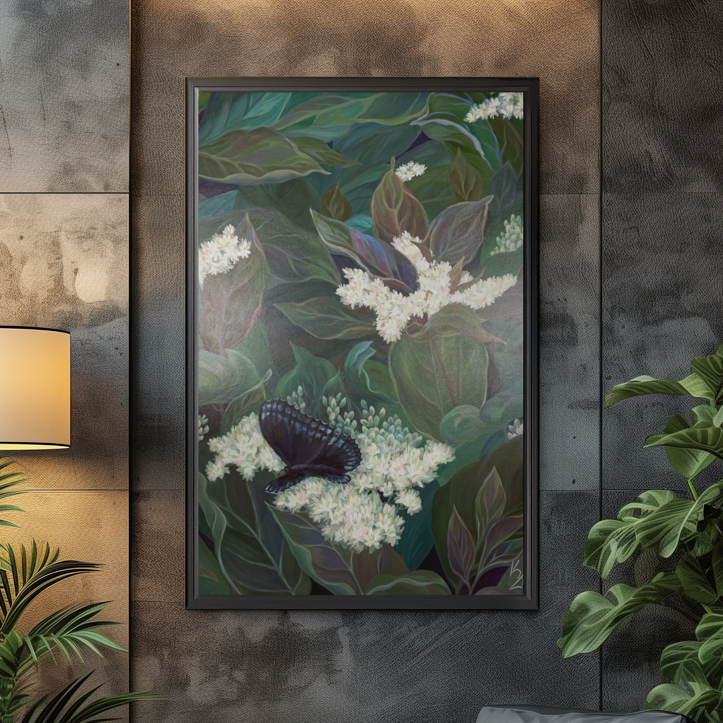 Trail Secrets. Dogwood. Art, decor, optimistic original signed large botanical painting on canvas, green, butterfly