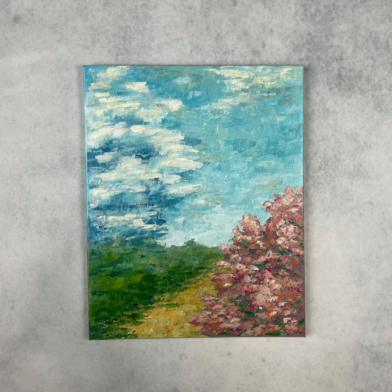 Blooming trail. Pink... Art, decor, optimistic original signed large landscape painting on canvas