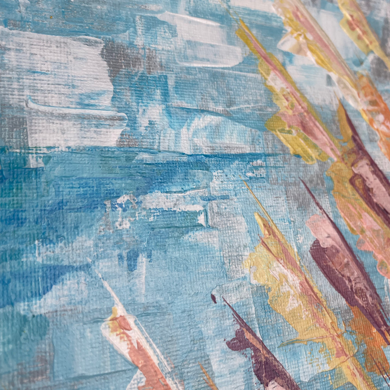 Sunny lake. Grasses... Art, optimistic original lake painting on canvas