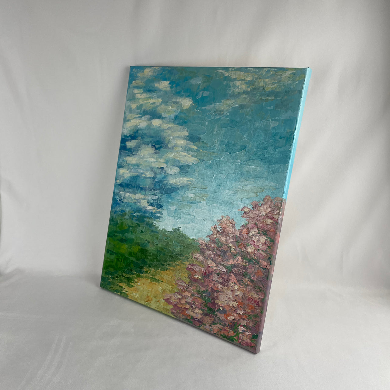 Blooming trail. Pink... Art, decor, optimistic original signed large landscape painting on canvas