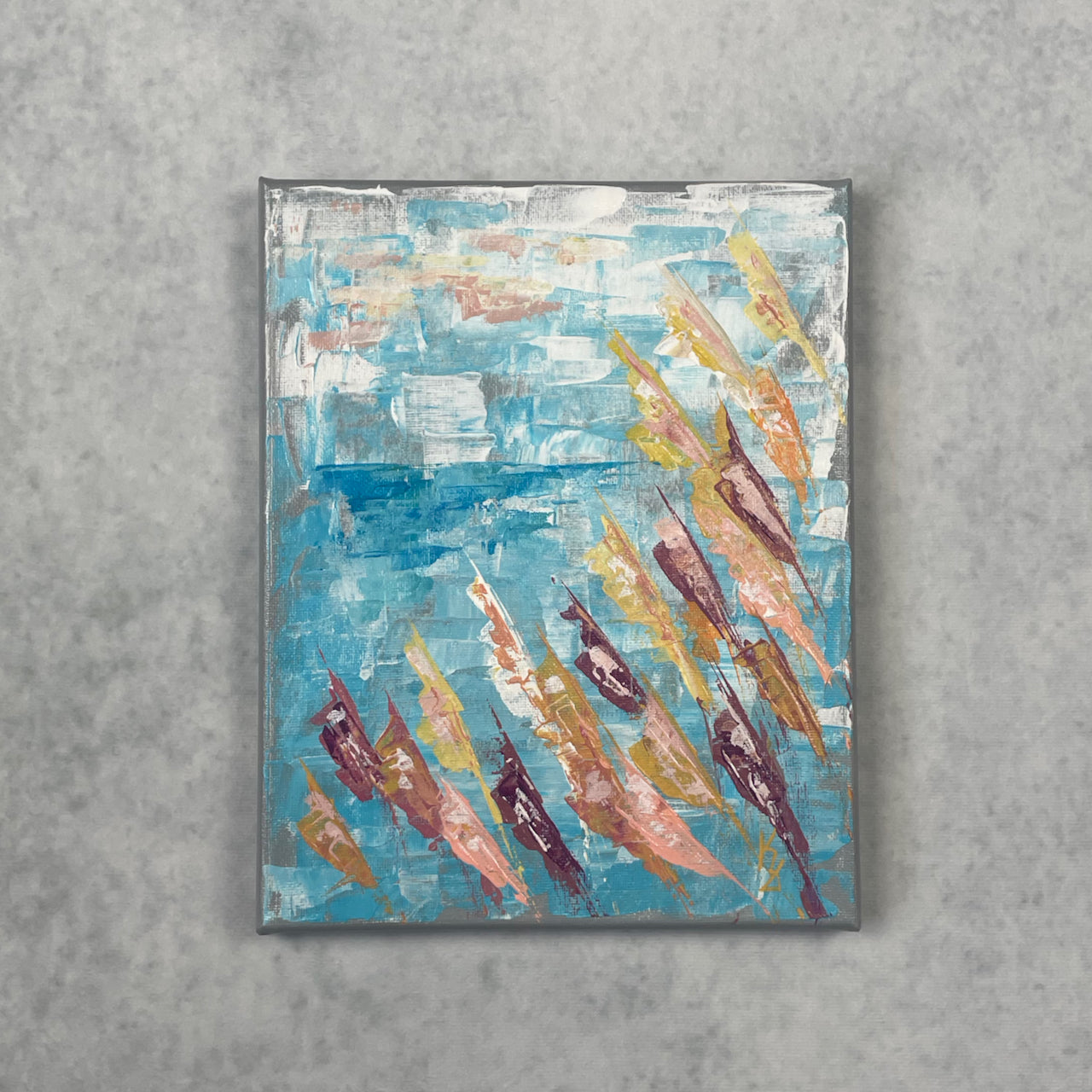 Sunny lake. Grasses... Art, optimistic original lake painting on canvas