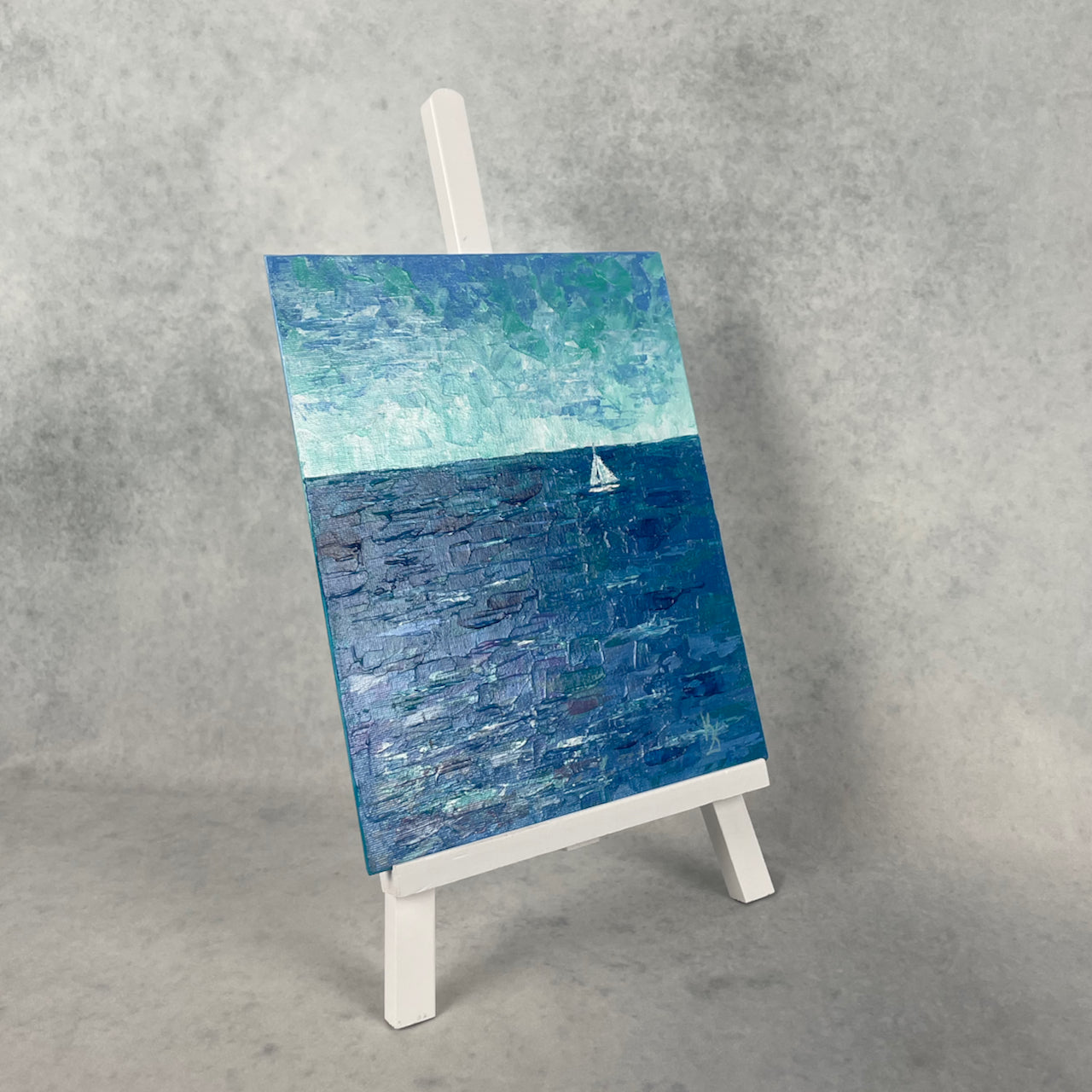 Teal water. Sailboat... Optimistic original abstract seascape ocean sailboat painting on canvas