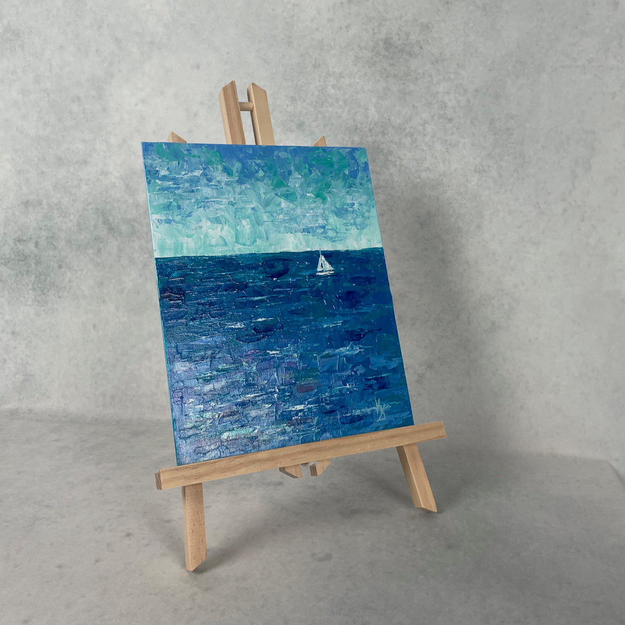 Teal water. Sailboat... Optimistic original abstract seascape ocean sailboat painting on canvas