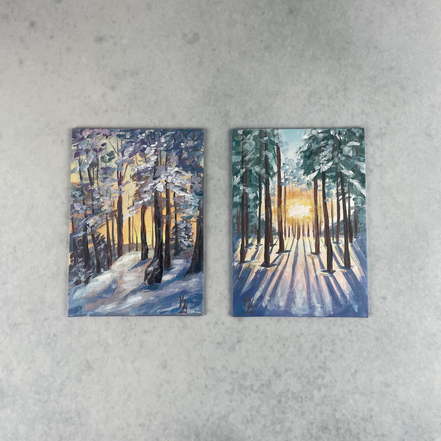 Winter sunset. Hill... Art, original small painting on canvas
