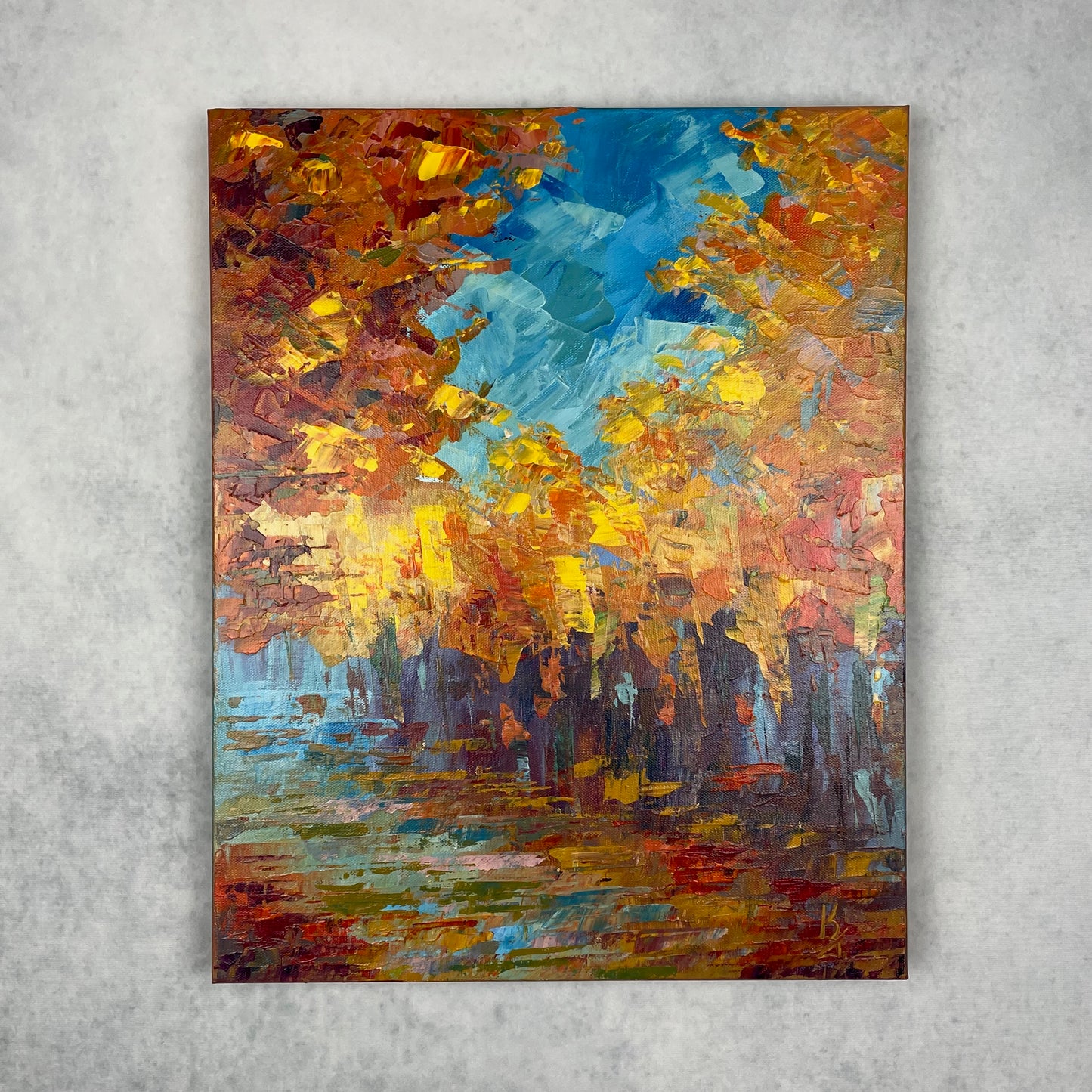 Autumn warmth... Art, wall decor, optimistic original signed large abstract fall forest landscaping painting on gallery canvas