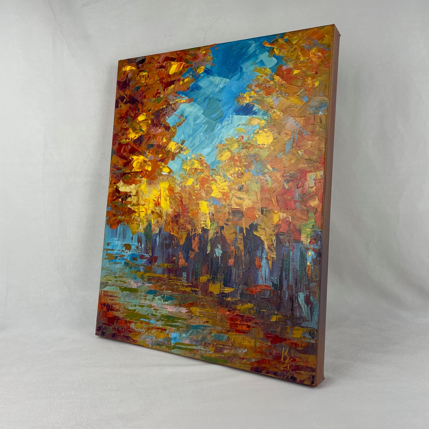 Autumn warmth... Art, wall decor, optimistic original signed large abstract fall forest landscaping painting on gallery canvas
