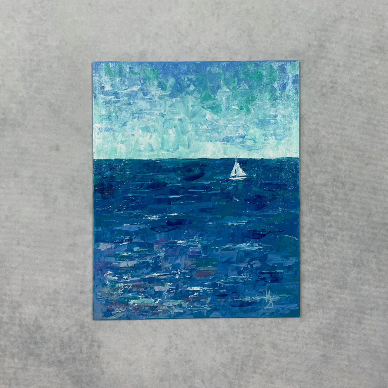 Teal water. Sailboat... Optimistic original abstract seascape ocean sailboat painting on canvas