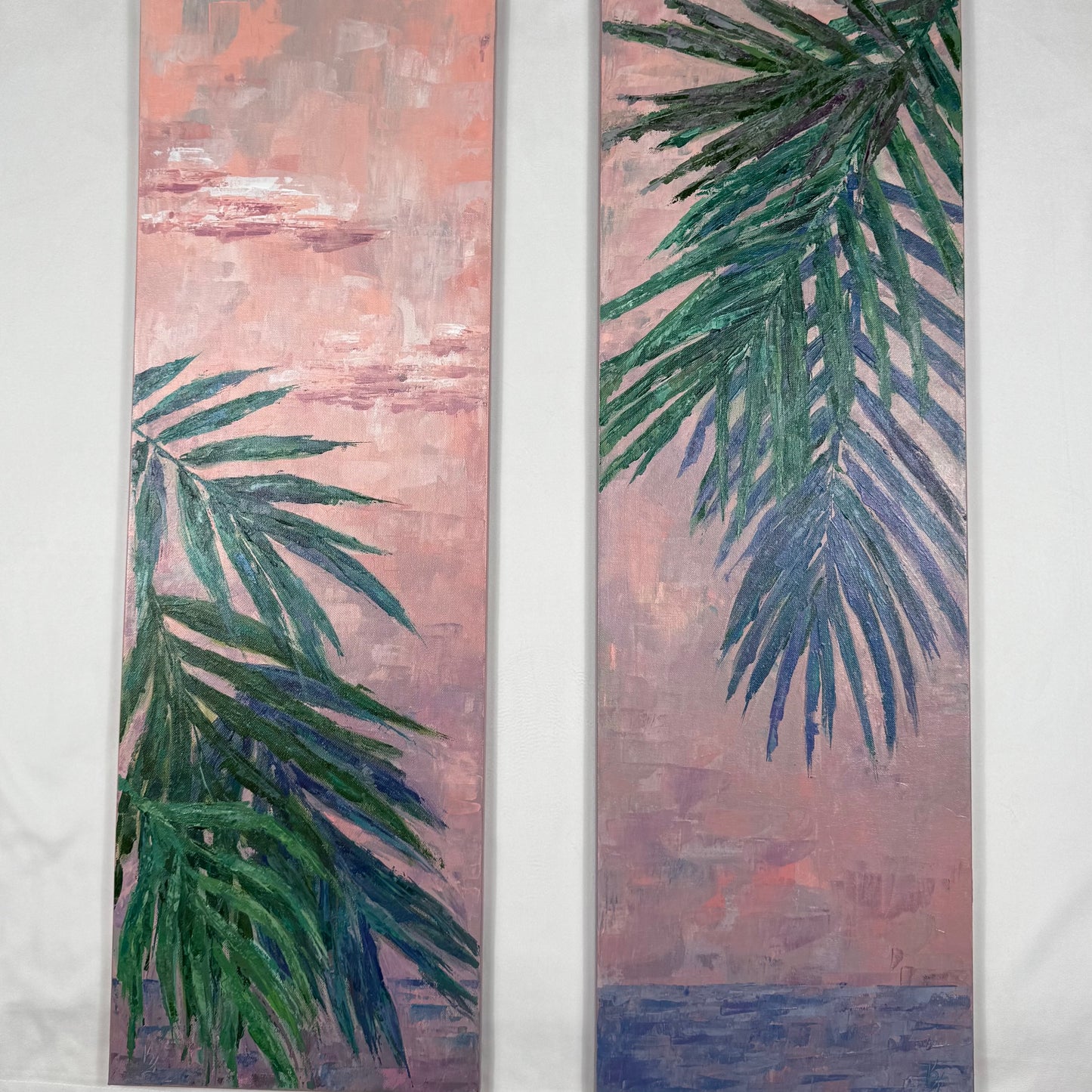 Mauve palm trees. Set of 2 paintings...Art, decor, optimistic original signed paintings
