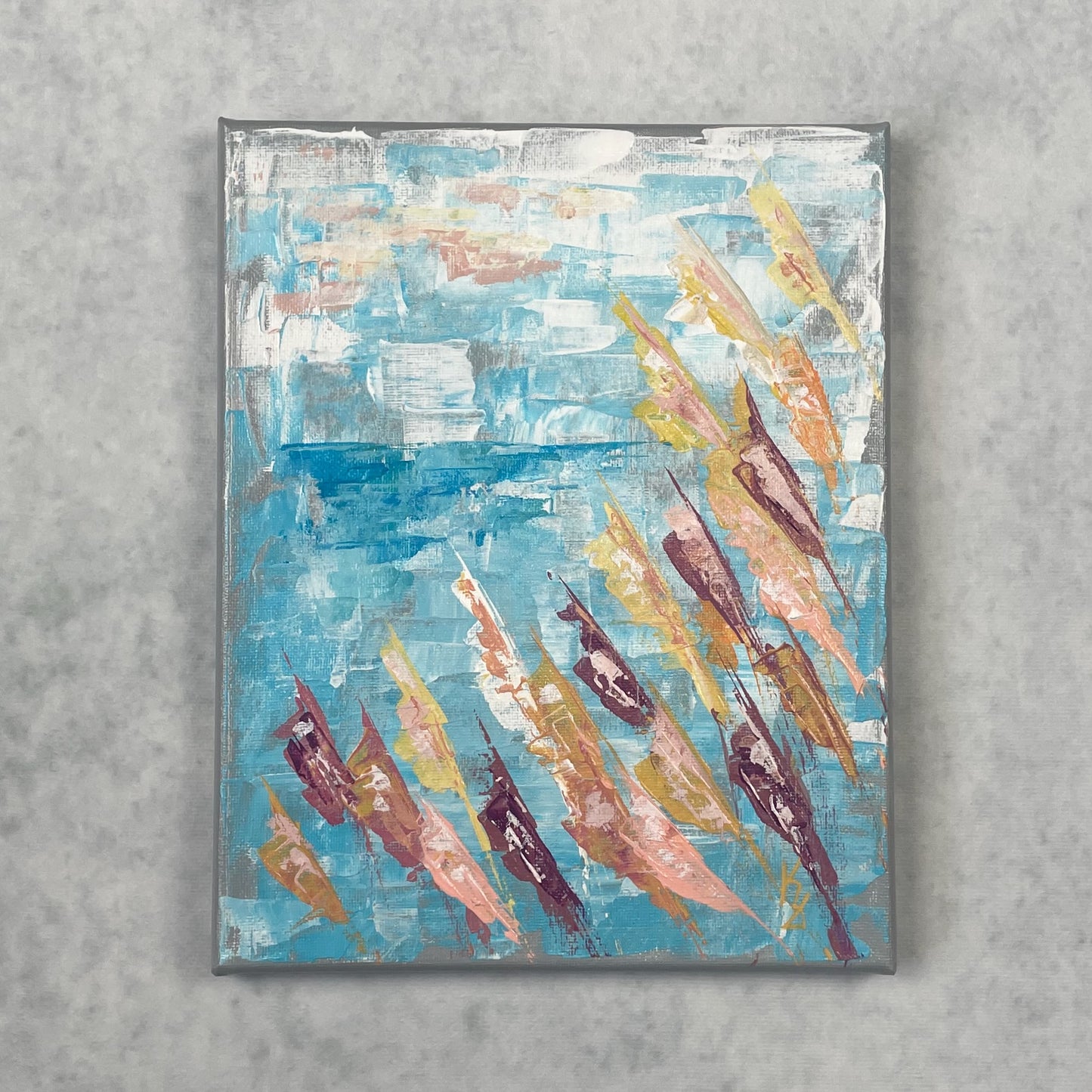 Sunny lake. Grasses... Art, optimistic original lake painting on canvas