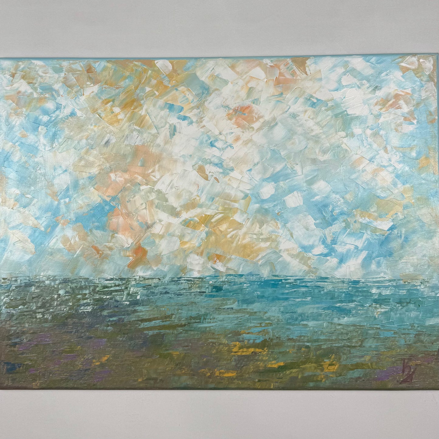 Misty morning... Art, decor, optimistic original signed large wetland sky landscape painting on canvas