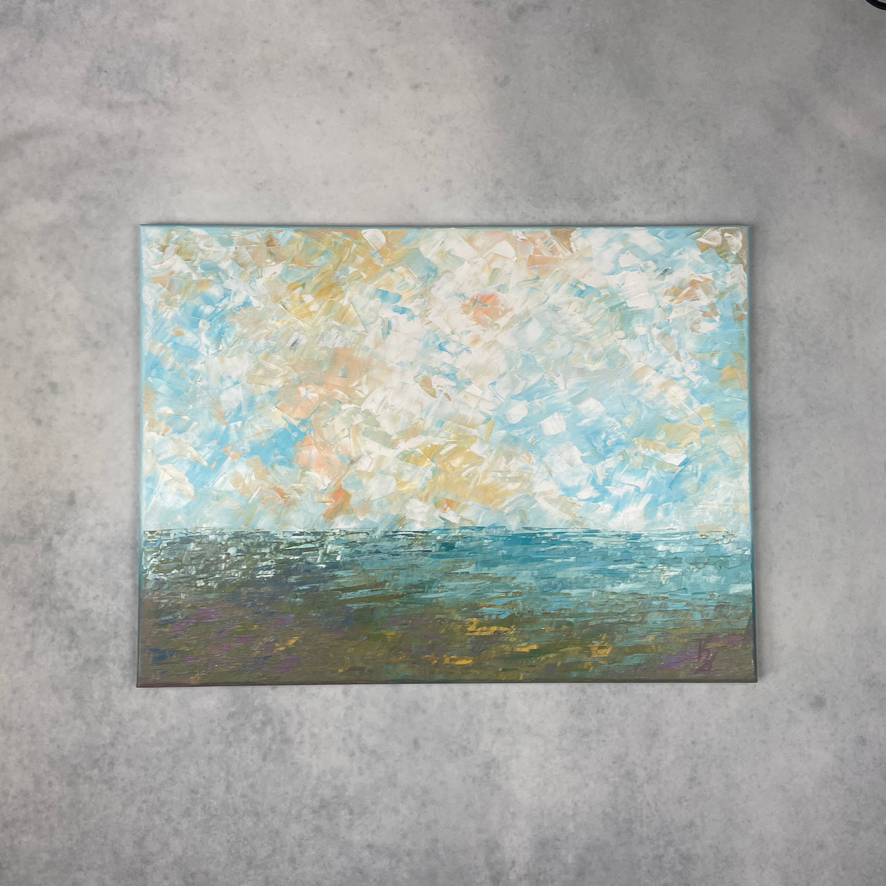 Misty morning... Art, decor, optimistic original signed large wetland sky landscape painting on canvas
