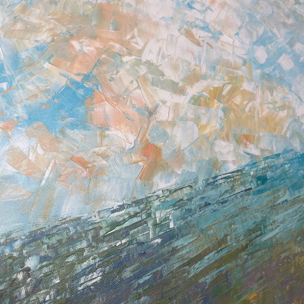 Misty morning... Art, decor, optimistic original signed large wetland sky landscape painting on canvas