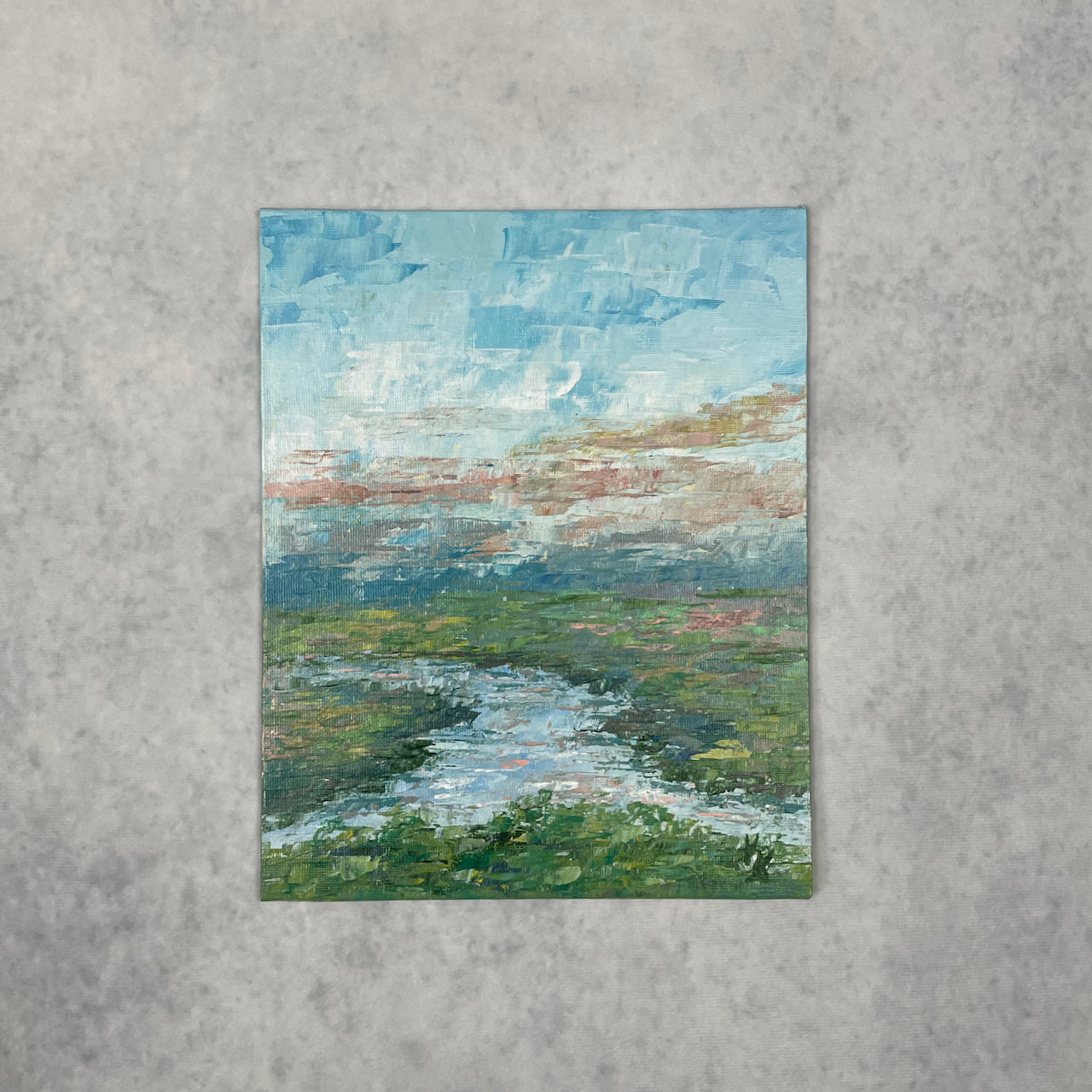 River meadow... Optimistic original river landscape painting on canvas
